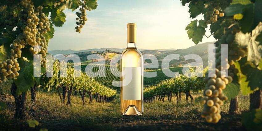 A bottle of wine stands tall amidst a picturesque vineyard, bathed in the warm glow of the setting sun, inviting you to raise a glass and savor the fruits of the vine