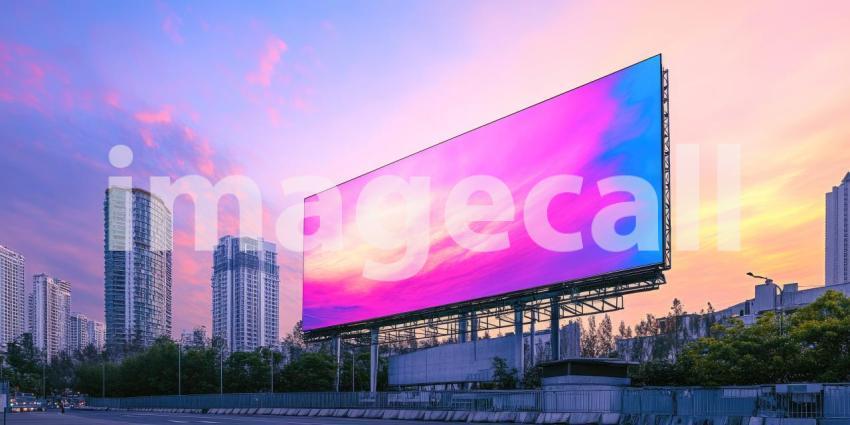 A vibrant billboard, illuminated against a fiery sunset, captures the attention of passing motorists, reflecting the dynamic energy of the city below