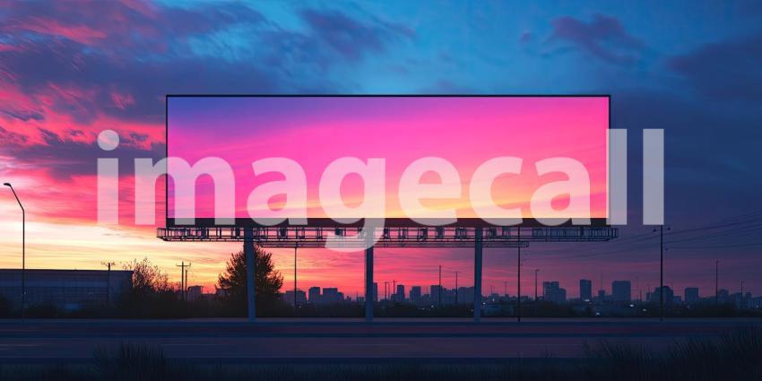 A vibrant billboard, illuminated against a fiery sunset, captures the attention of passing motorists, reflecting the dynamic energy of the city below
