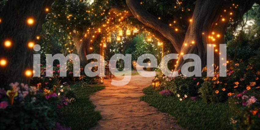 A winding path, illuminated by twinkling lights, leads through a magical garden, where flowers bloom and the air is filled with the promise of wonder