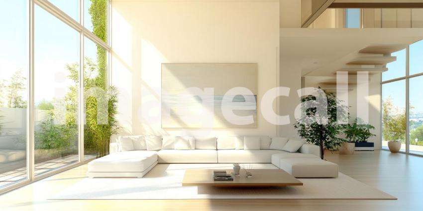 A luxurious living room, bathed in soft light, exudes an aura of tranquility with its elegant white furnishings, ornate details, and a captivating artwork that adds a touch of ethereal beauty