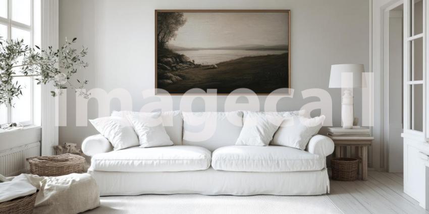 A luxurious living room, bathed in soft light, exudes an aura of tranquility with its elegant white furnishings, ornate details, and a captivating artwork that adds a touch of ethereal beauty