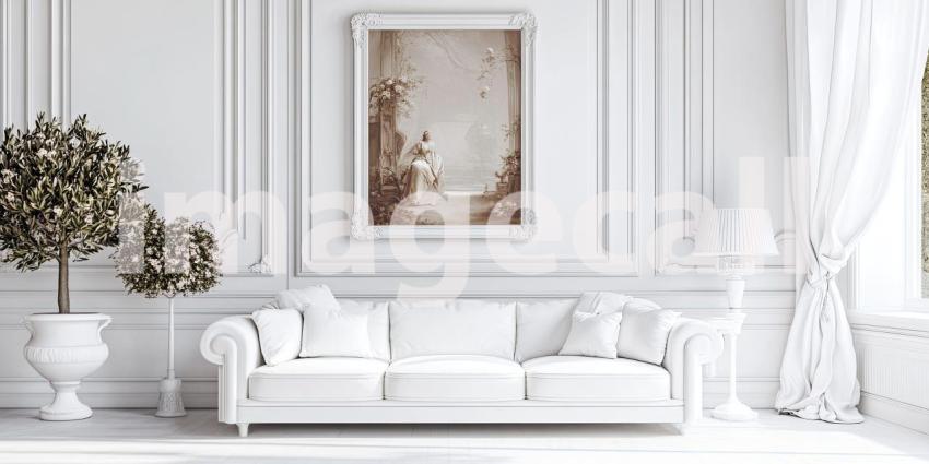 A luxurious living room, bathed in soft light, exudes an aura of tranquility with its elegant white furnishings, ornate details, and a captivating artwork that adds a touch of ethereal beauty