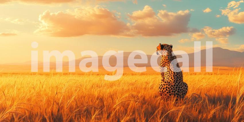 A lone cheetah surveys the savanna at sunset, its gaze fixed on the horizon, embodying the spirit of freedom and the beauty of the African wilderness