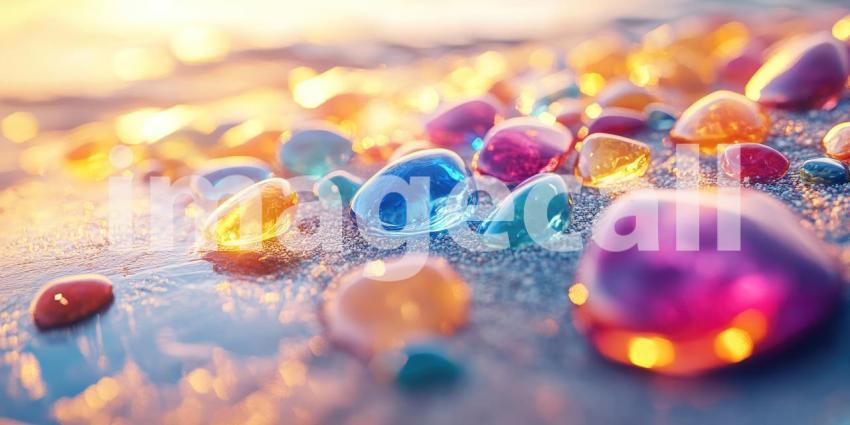 A collection of smooth, colorful pebbles bask in the warm glow of a setting sun, creating a scene of tranquility and natural beauty along the sandy shore