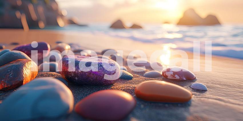 A collection of smooth, colorful pebbles bask in the warm glow of a setting sun, creating a scene of tranquility and natural beauty along the sandy shore