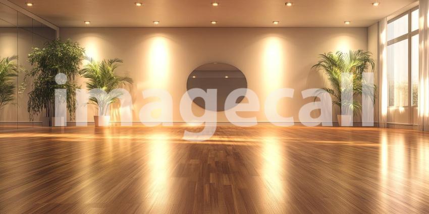 This spacious and sunlit room, adorned with lush greenery and a large circular mirror, exudes an aura of peace and serenity, inviting moments of relaxation and rejuvenation