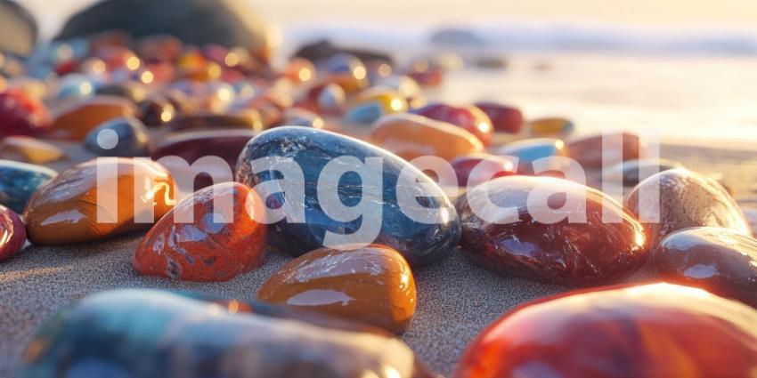 A collection of smooth, colorful pebbles bask in the warm glow of a setting sun, creating a scene of tranquility and natural beauty along the sandy shore