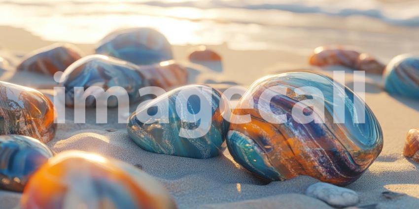 A collection of smooth, colorful pebbles bask in the warm glow of a setting sun, creating a scene of tranquility and natural beauty along the sandy shore