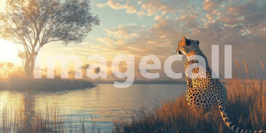 A lone cheetah surveys the savanna at sunset, its gaze fixed on the horizon, embodying the spirit of freedom and the beauty of the African wilderness