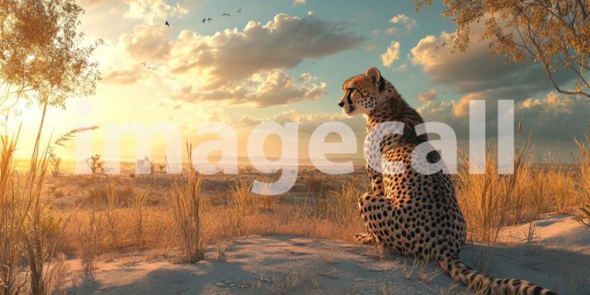 A lone cheetah surveys the savanna at sunset, its gaze fixed on the horizon, embodying the spirit of freedom and the beauty of the African wilderness