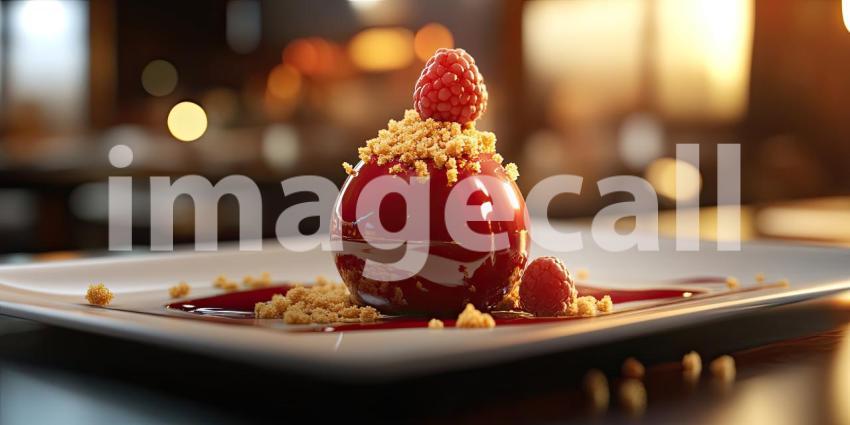 A Berry Delight: A creamy dessert, adorned with a fresh raspberry and drizzled with a vibrant red sauce, invites you to indulge in a moment of sweet satisfaction