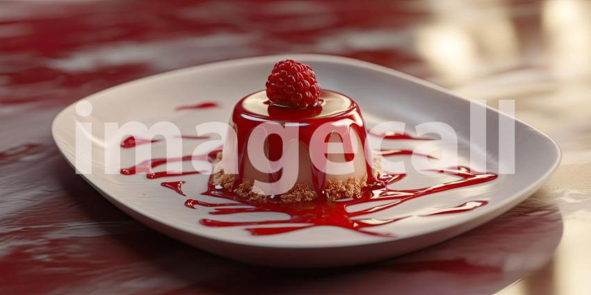 A Berry Delight: A creamy dessert, adorned with a fresh raspberry and drizzled with a vibrant red sauce, invites you to indulge in a moment of sweet satisfaction