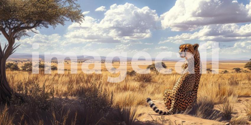 A lone cheetah surveys the savanna at sunset, its gaze fixed on the horizon, embodying the spirit of freedom and the beauty of the African wilderness