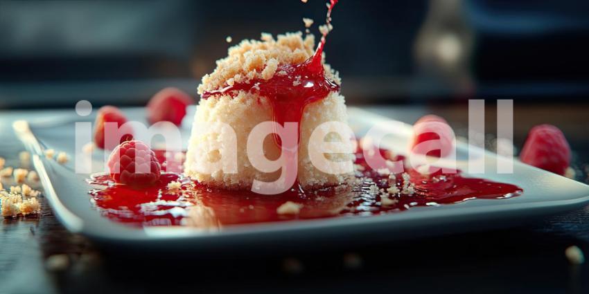 A Berry Delight: A creamy dessert, adorned with a fresh raspberry and drizzled with a vibrant red sauce, invites you to indulge in a moment of sweet satisfaction