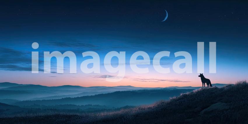 A lone wolf stands tall against the backdrop of a starry night sky and a luminous moon, its silhouette evoking a sense of mystery and the wild beauty of nature