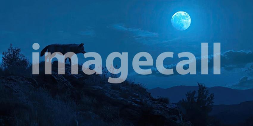 A lone wolf stands tall against the backdrop of a starry night sky and a luminous moon, its silhouette evoking a sense of mystery and the wild beauty of nature
