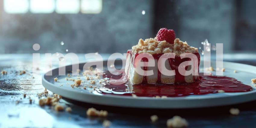 A Berry Delight: A creamy dessert, adorned with a fresh raspberry and drizzled with a vibrant red sauce, invites you to indulge in a moment of sweet satisfaction