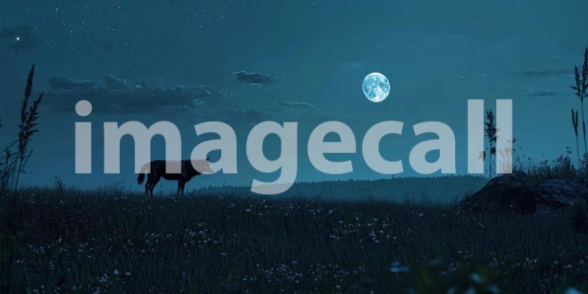 A lone wolf stands tall against the backdrop of a starry night sky and a luminous moon, its silhouette evoking a sense of mystery and the wild beauty of nature
