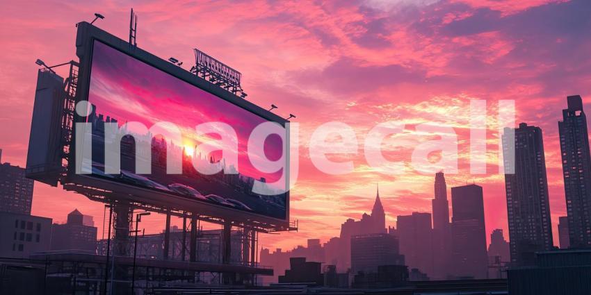A massive billboard, bathed in the warm hues of a breathtaking sunset, dominates the city skyline, creating a captivating spectacle for passersby