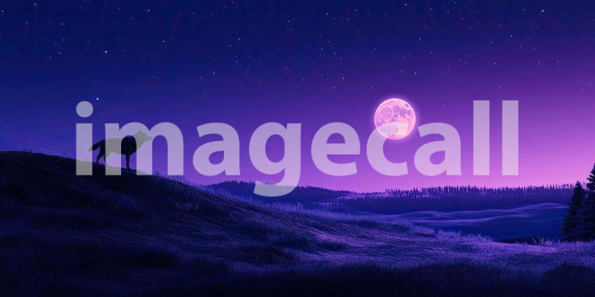 A lone wolf stands tall against the backdrop of a starry night sky and a luminous moon, its silhouette evoking a sense of mystery and the wild beauty of nature
