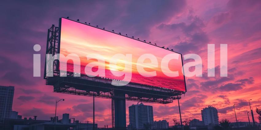 A massive billboard, bathed in the warm hues of a breathtaking sunset, dominates the city skyline, creating a captivating spectacle for passersby