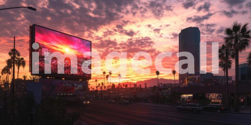 A massive billboard, bathed in the warm hues of a breathtaking sunset, dominates the city skyline, creating a captivating spectacle for passersby