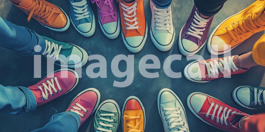A Kaleidoscope of Kicks: A vibrant circle of colorful sneakers, each with its own unique flair, celebrates individuality and the joy of self-expression