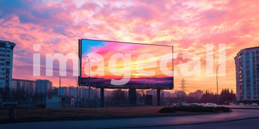 A massive billboard, bathed in the warm hues of a breathtaking sunset, dominates the city skyline, creating a captivating spectacle for passersby