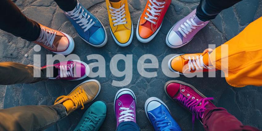 A Kaleidoscope of Kicks: A vibrant circle of colorful sneakers, each with its own unique flair, celebrates individuality and the joy of self-expression