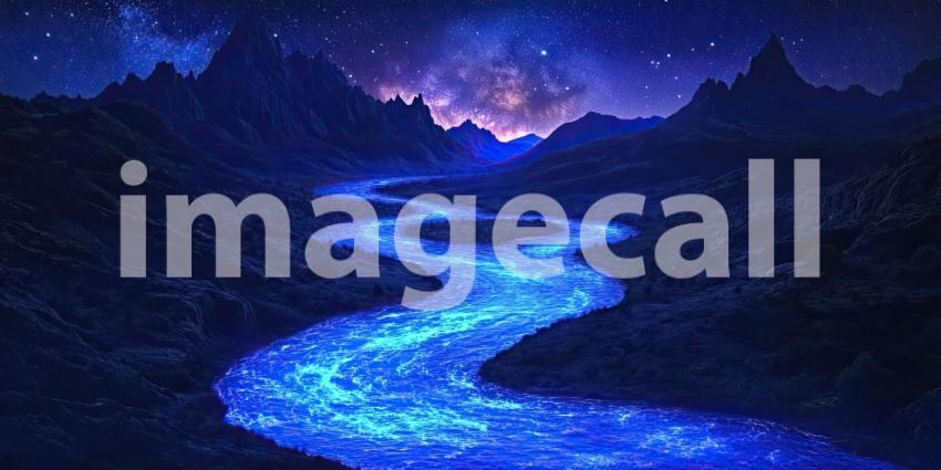 A winding river, glowing with an ethereal blue light, snakes through a mystical landscape under a sky ablaze with stars, creating a scene of otherworldly beauty