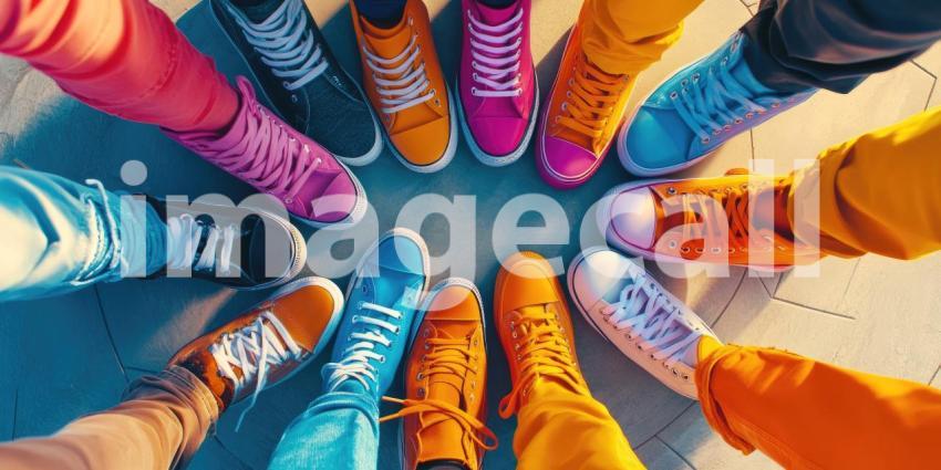 A Kaleidoscope of Kicks: A vibrant circle of colorful sneakers, each with its own unique flair, celebrates individuality and the joy of self-expression