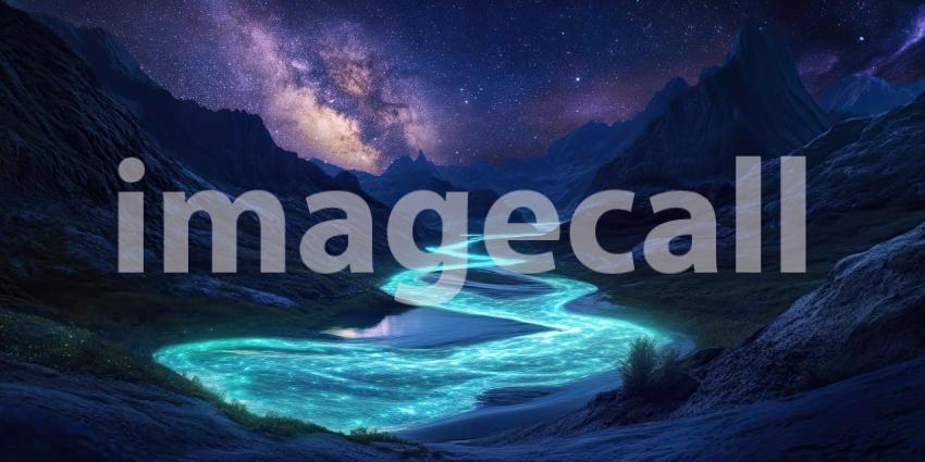 A winding river, glowing with an ethereal blue light, snakes through a mystical landscape under a sky ablaze with stars, creating a scene of otherworldly beauty