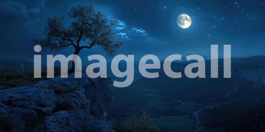 A lone tree stands sentinel on a rocky precipice, bathed in the ethereal glow of a full moon, under a sky studded with stars