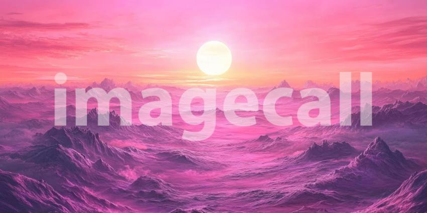 A surreal landscape unfolds under a vibrant pink sky, where otherworldly mountains rise and fall like waves, creating a scene of ethereal beauty and wonder
