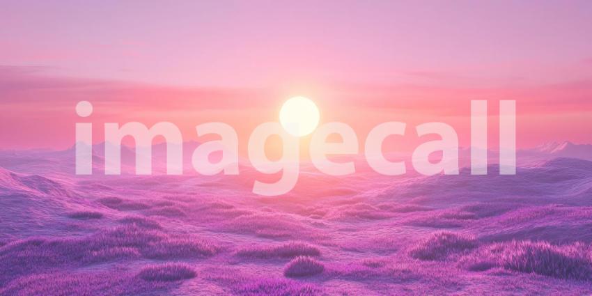 A surreal landscape unfolds under a vibrant pink sky, where otherworldly mountains rise and fall like waves, creating a scene of ethereal beauty and wonder