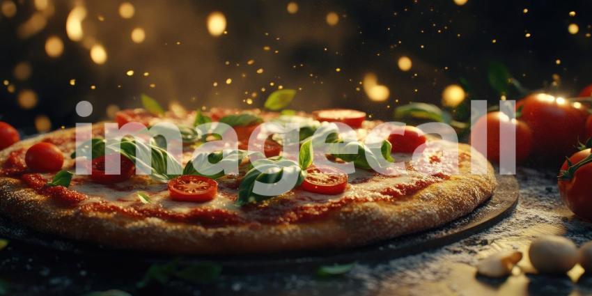 A Margherita pizza, fresh from the oven, sizzles under the warm glow of lights, inviting you to savor the classic flavors of Italy