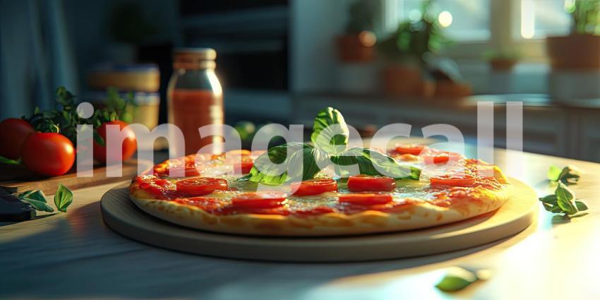 A Margherita pizza, fresh from the oven, sizzles under the warm glow of lights, inviting you to savor the classic flavors of Italy