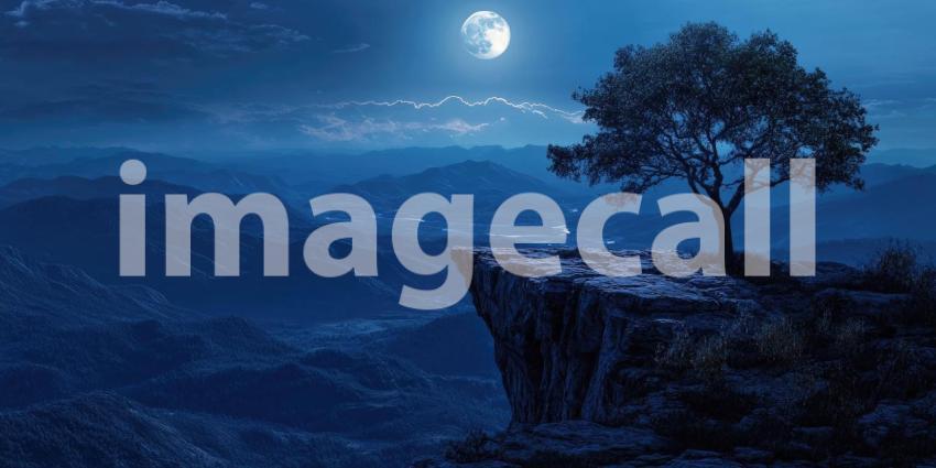A lone tree stands sentinel on a rocky precipice, bathed in the ethereal glow of a full moon, under a sky studded with stars