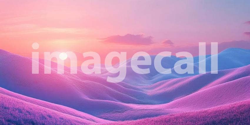 A surreal landscape unfolds under a vibrant pink sky, where otherworldly mountains rise and fall like waves, creating a scene of ethereal beauty and wonder