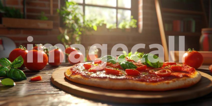 A Margherita pizza, fresh from the oven, sizzles under the warm glow of lights, inviting you to savor the classic flavors of Italy
