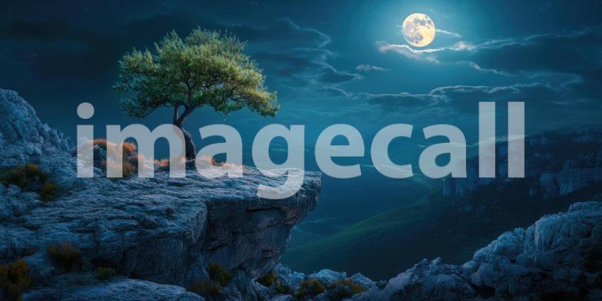 A lone tree stands sentinel on a rocky precipice, bathed in the ethereal glow of a full moon, under a sky studded with stars