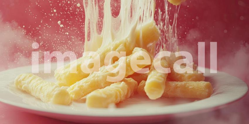 A golden-brown mozzarella stick is dipped into a creamy sauce, with cheese oozing out, creating a mouthwatering scene that promises a delicious and indulgent treat