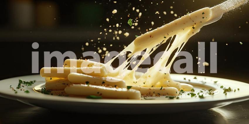 A golden-brown mozzarella stick is dipped into a creamy sauce, with cheese oozing out, creating a mouthwatering scene that promises a delicious and indulgent treat