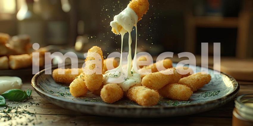 A golden-brown mozzarella stick is dipped into a creamy sauce, with cheese oozing out, creating a mouthwatering scene that promises a delicious and indulgent treat