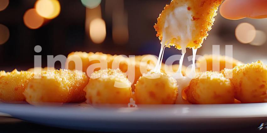 A golden-brown mozzarella stick is dipped into a creamy sauce, with cheese oozing out, creating a mouthwatering scene that promises a delicious and indulgent treat