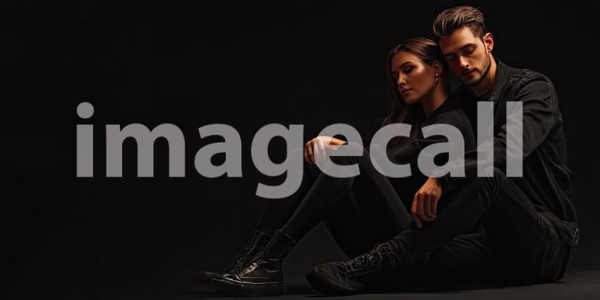 Two People Sitting Against a Bright Yellow Background with Black Clothing Creating a Striking Contrast: Person on the Left in Black Long-Sleeved Shirt and Pants