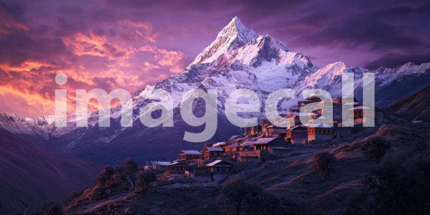 A majestic mountain peak, bathed in the vibrant hues of a breathtaking sunset, overlooks a picturesque village nestled amidst the dramatic Himalayan landscape