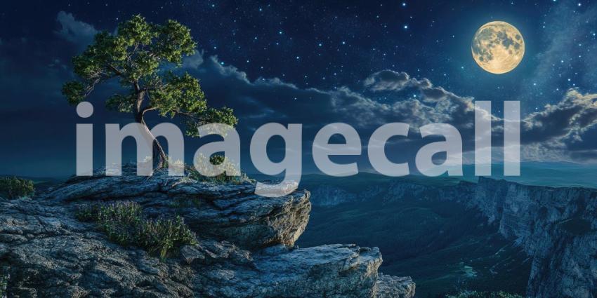 A lone tree stands sentinel on a rocky precipice, bathed in the ethereal glow of a full moon, under a sky studded with stars