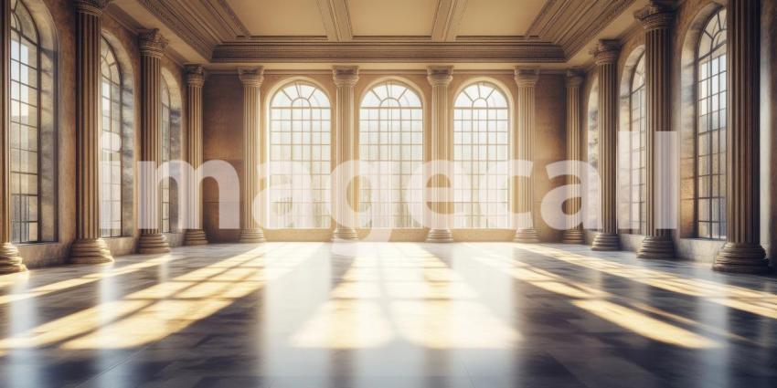 Sunlight streams through a colonnade of towering pillars, illuminating the grand hall of a palatial residence, creating an atmosphere of grandeur and timeless elegance